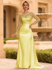 Sophisticated Sheath Scoop Long Sleeves Sequin Floor Length Silk Like Satin Mother of the Bride Dress
