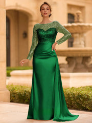 Sophisticated Sheath Scoop Long Sleeves Sequin Floor Length Silk Like Satin Mother of the Bride Dress