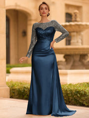Sophisticated Sheath Scoop Long Sleeves Sequin Floor Length Silk Like Satin Mother of the Bride Dress