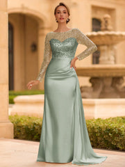 Sophisticated Sheath Scoop Long Sleeves Sequin Floor Length Silk Like Satin Mother of the Bride Dress