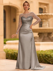 Sophisticated Sheath Scoop Long Sleeves Sequin Floor Length Silk Like Satin Mother of the Bride Dress