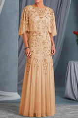 Elegant Sheath Scoop Neck Appliques Lace Floor Length Tulle Mother of the Bride Dress