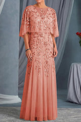 Elegant Sheath Scoop Neck Appliques Lace Floor Length Tulle Mother of the Bride Dress