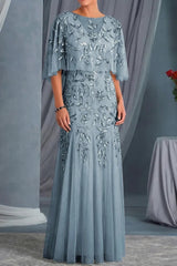 Elegant Sheath Scoop Neck Appliques Lace Floor Length Tulle Mother of the Bride Dress