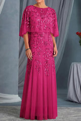 Elegant Sheath Scoop Neck Appliques Lace Floor Length Tulle Mother of the Bride Dress