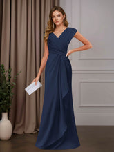A Line Mother of the Bride Dress V Neck Sleeveless Floor Length with Sequins and Ruffle Appliques