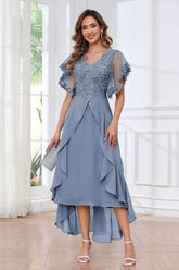 Modern V Neck Appliques Ruffles Chiffon High Low Mother Of The Bride Dresses
