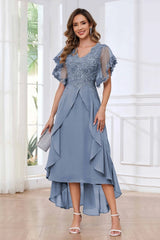 Modern V Neck Appliques Ruffles Chiffon High Low Mother Of The Bride Dresses