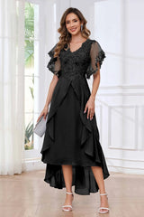 Modern V Neck Appliques Ruffles Chiffon High Low Mother Of The Bride Dresses