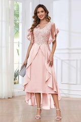 Modern V Neck Appliques Ruffles Chiffon High Low Mother Of The Bride Dresses