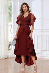 Modern V Neck Appliques Ruffles Chiffon High Low Mother Of The Bride Dresses