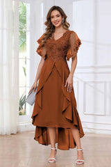 Modern V Neck Appliques Ruffles Chiffon High Low Mother Of The Bride Dresses