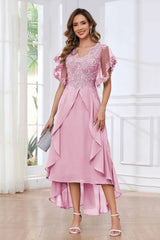 Modern V Neck Appliques Ruffles Chiffon High Low Mother Of The Bride Dresses