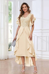 Modern V Neck Appliques Ruffles Chiffon High Low Mother Of The Bride Dresses
