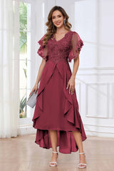 Modern V Neck Appliques Ruffles Chiffon High Low Mother Of The Bride Dresses