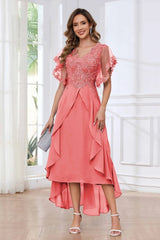 Modern V Neck Appliques Ruffles Chiffon High Low Mother Of The Bride Dresses