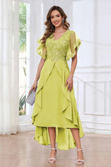 Modern V Neck Appliques Ruffles Chiffon High Low Mother Of The Bride Dresses