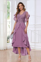 Modern V Neck Appliques Ruffles Chiffon High Low Mother Of The Bride Dresses