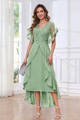 Modern V Neck Appliques Ruffles Chiffon High Low Mother Of The Bride Dresses