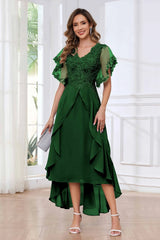 Modern V Neck Appliques Ruffles Chiffon High Low Mother Of The Bride Dresses