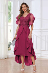 Modern V Neck Appliques Ruffles Chiffon High Low Mother Of The Bride Dresses