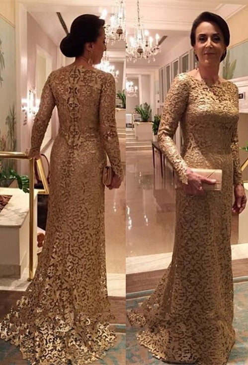 Elegant Gold Lace Long Zipper Sleeve Mother Of The Bride Dress Babyonlines