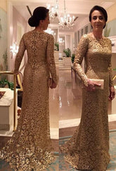 Elegant Gold Lace Long Zipper Sleeve Mother Of The Bride Dress Babyonlines