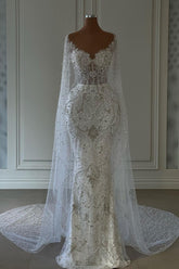 Elegant Long Sleeve White Wedding Dress with Beading on Tulle Babyonlines