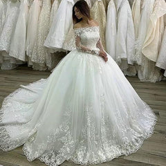 Elegant Off-the-shoulder Tulle Ball Gown Wedding Dresses With Appliques Lace Court Train
