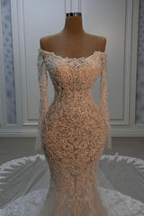 Elegant Mermaid Strapless Long Sleeve Lace Tulle Wedding Dress