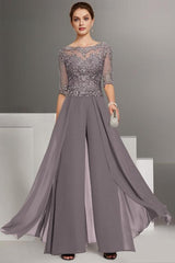 Gray Chiffon Long Sleeve Elegant Lace Mother Of The Bride Jumpsuit Babyonlines