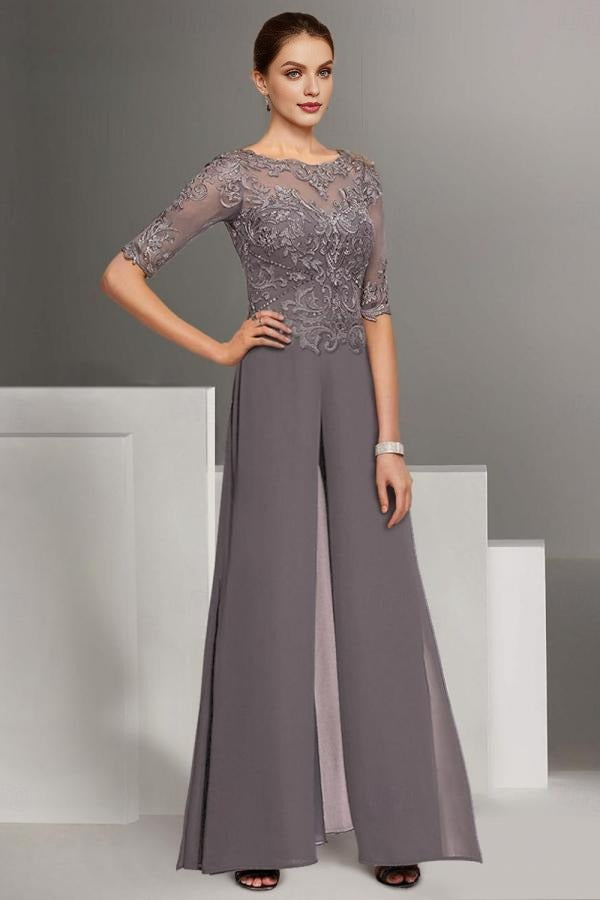 Gray Chiffon Long Sleeve Elegant Lace Mother Of The Bride Jumpsuit Babyonlines