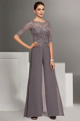 Gray Chiffon Long Sleeve Elegant Lace Mother Of The Bride Jumpsuit Babyonlines