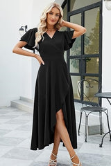 Hi-Lo Short Sleeve V-neck Chiffon Evening Dress with Ruffles