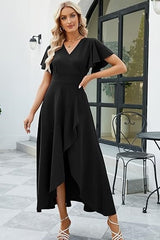 Hi-Lo Short Sleeve V-neck Chiffon Evening Dress with Ruffles