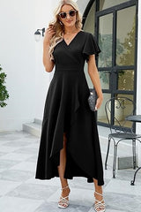 Hi-Lo Short Sleeve V-neck Chiffon Evening Dress with Ruffles