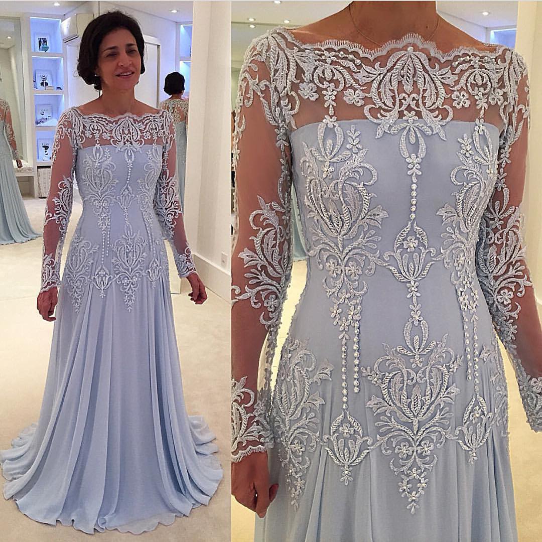 Ice Blue Chiffon Lace Long Sleeve Mother Of The Bride Dresses Babyonlines