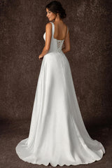 Lace-up Back Square Neckline Satin Long White Wedding Dress
