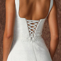Lace-up Back Square Neckline Satin Long White Wedding Dress