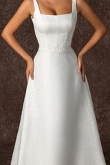 Lace-up Back Square Neckline Satin Long White Wedding Dress