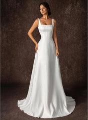 Lace-up Back Square Neckline Satin Long White Wedding Dress