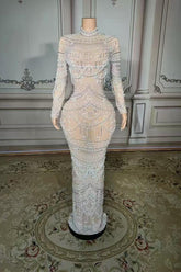 Lace Diamond Pearl High Neck Zipper Back Straight Prom Dress -babyonlines