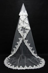 Lace Edge One Tier Tulle Cathedral Length Wedding Veil with Blusher