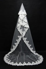 Lace Edge One Tier Tulle Cathedral Length Wedding Veil with Blusher