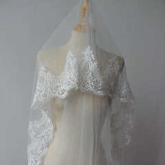 Lace Edge One Tier Tulle Cathedral Length Wedding Veil with Blusher