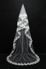 Lace Edge One Tier Tulle Long Wedding Veil with Blusher