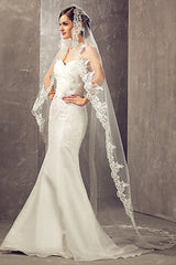 Lace Edge One Tier Tulle Long Wedding Veil with Blusher