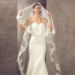 Lace Edge One Tier Tulle Long Wedding Veil with Blusher