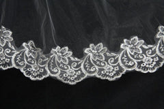 Lace Edge One Tier Tulle Long Wedding Veil with Blusher