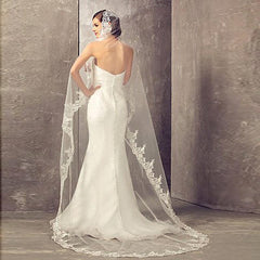 Lace Edge One Tier Tulle Long Wedding Veil with Blusher